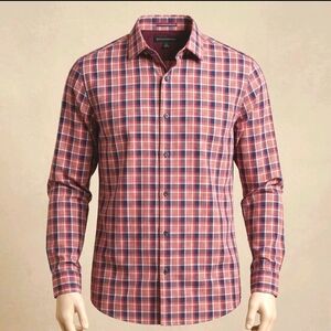 Banana Republic Luxury Touch Shirt L Red Blue Plaid Stretch Slim Fit Style